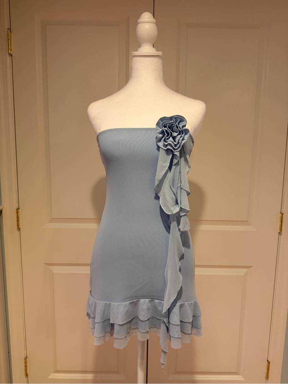 Edikted Strapless Powder Blue Ruffle Mini Dress with Floral Cascade